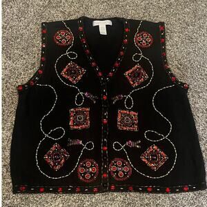 VTG Claudia D Sweater Vest Beaded Bedazzled Gems Embroidered Accent Black/Red XL